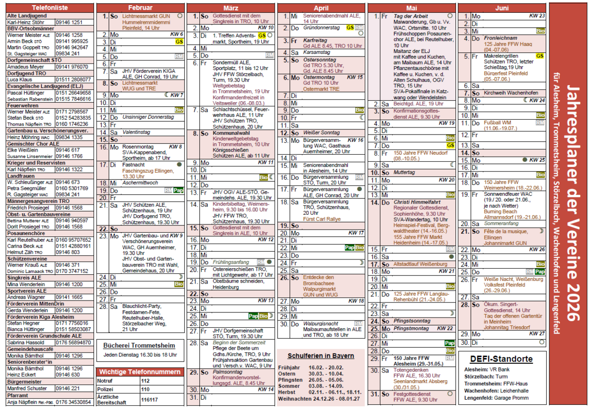 Jahresplaner der Vereine Februar - Juni 2026