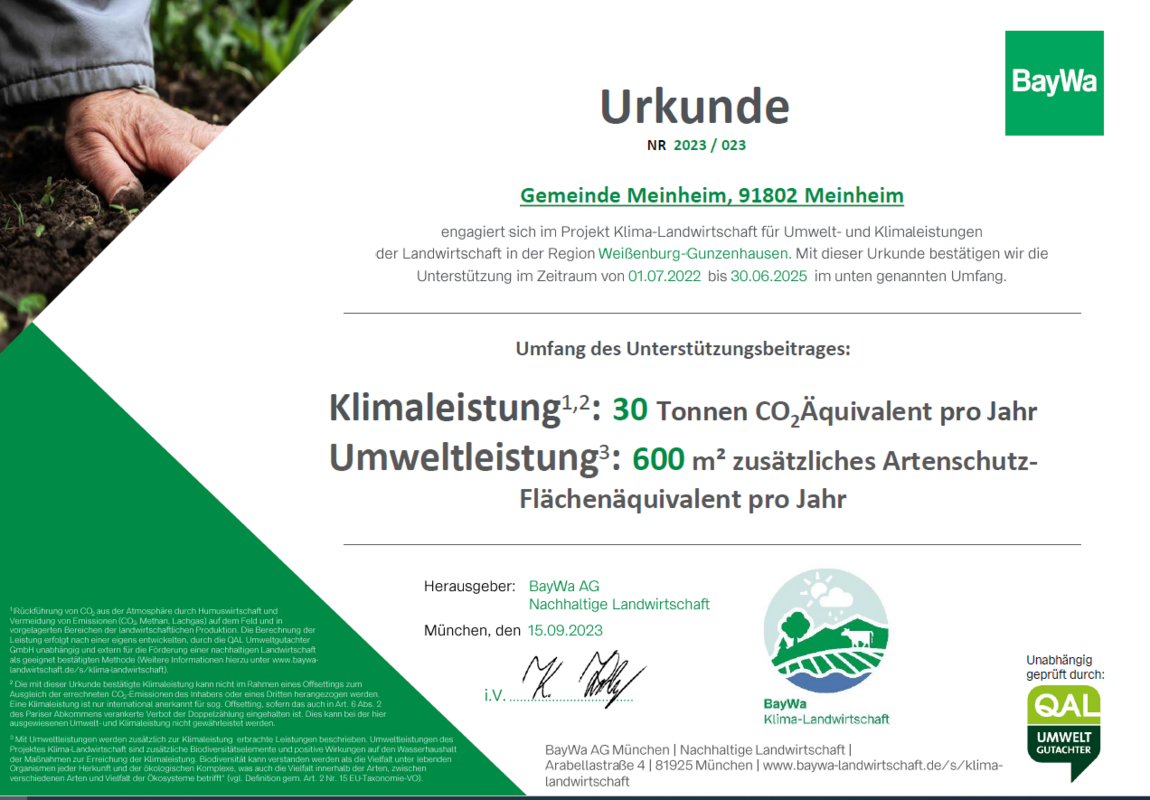 Urkunde der BayWa für das Projekt Klima-Landwirtschaft